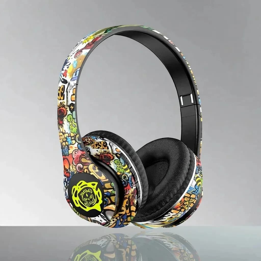 Bezdrátová Bluetooth sluchátka přes uči, graffiti design, skládací