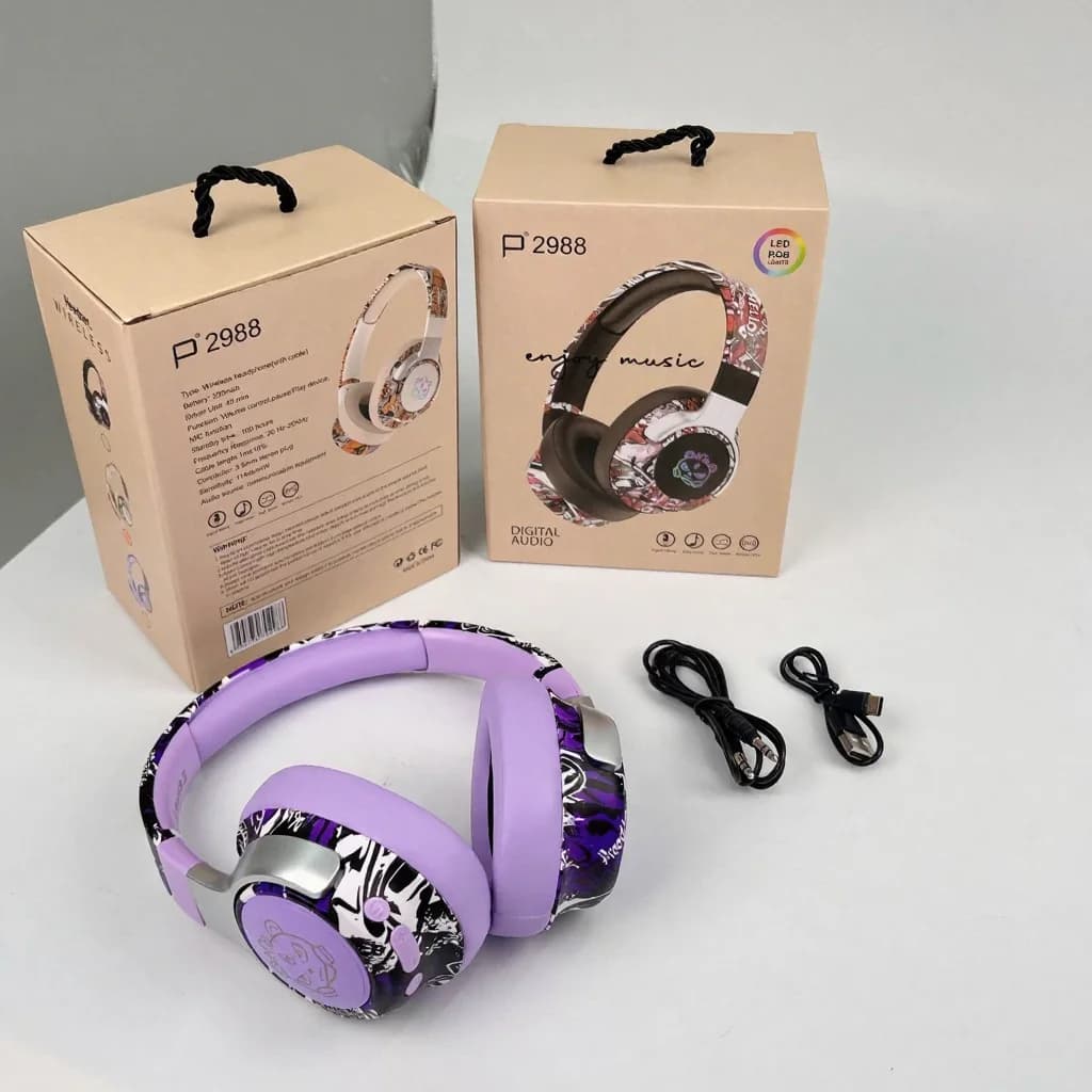 Náhlavní Bluetooth sluchátka s graffiti designem, RGB osvětlením a mikrofonem