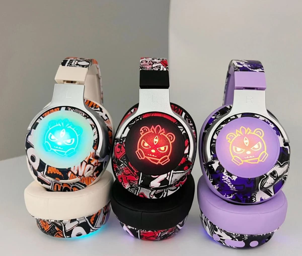 Náhlavní Bluetooth sluchátka s graffiti designem, RGB osvětlením a mikrofonem
