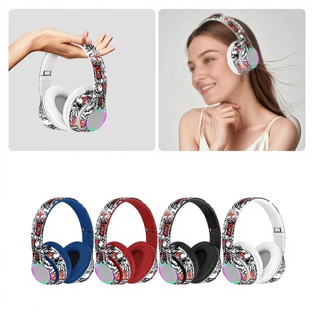 Sluchátka přes uši s graffiti designem, LED světly a hlubokými basy