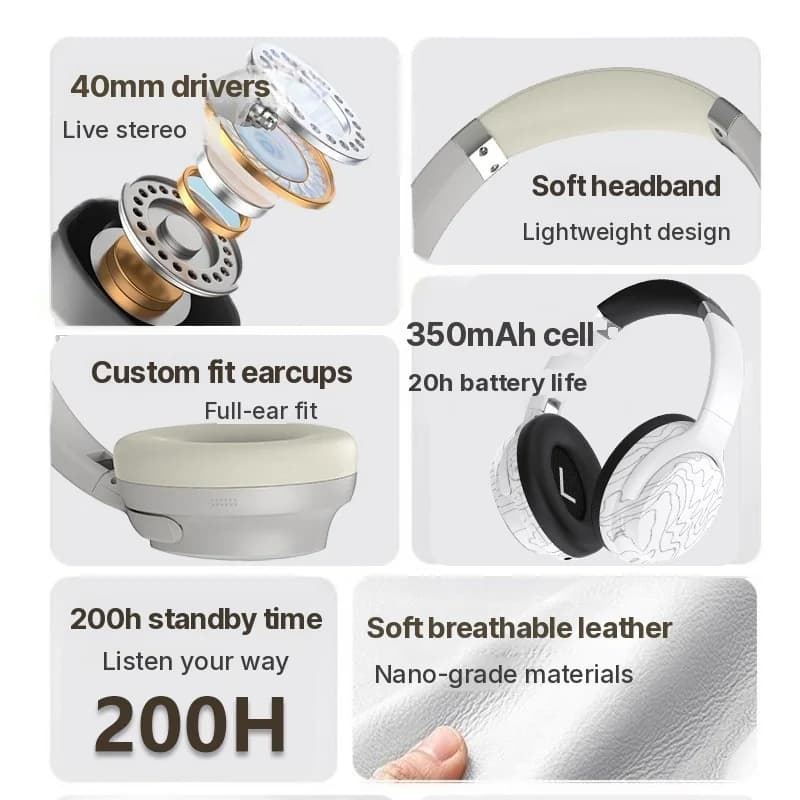 Bezdrátová Bluetooth sluchátka přes uši s Multi-EQ a dlouhou výdrží baterie