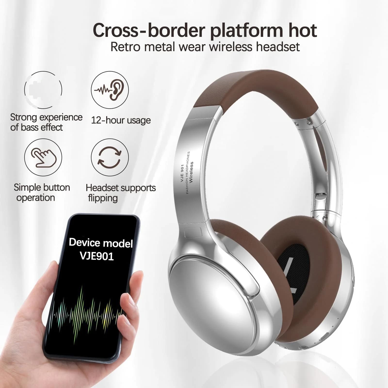 Retro bezdrátová Bluetooth sluchátka přes uši stereo s mikrofonem