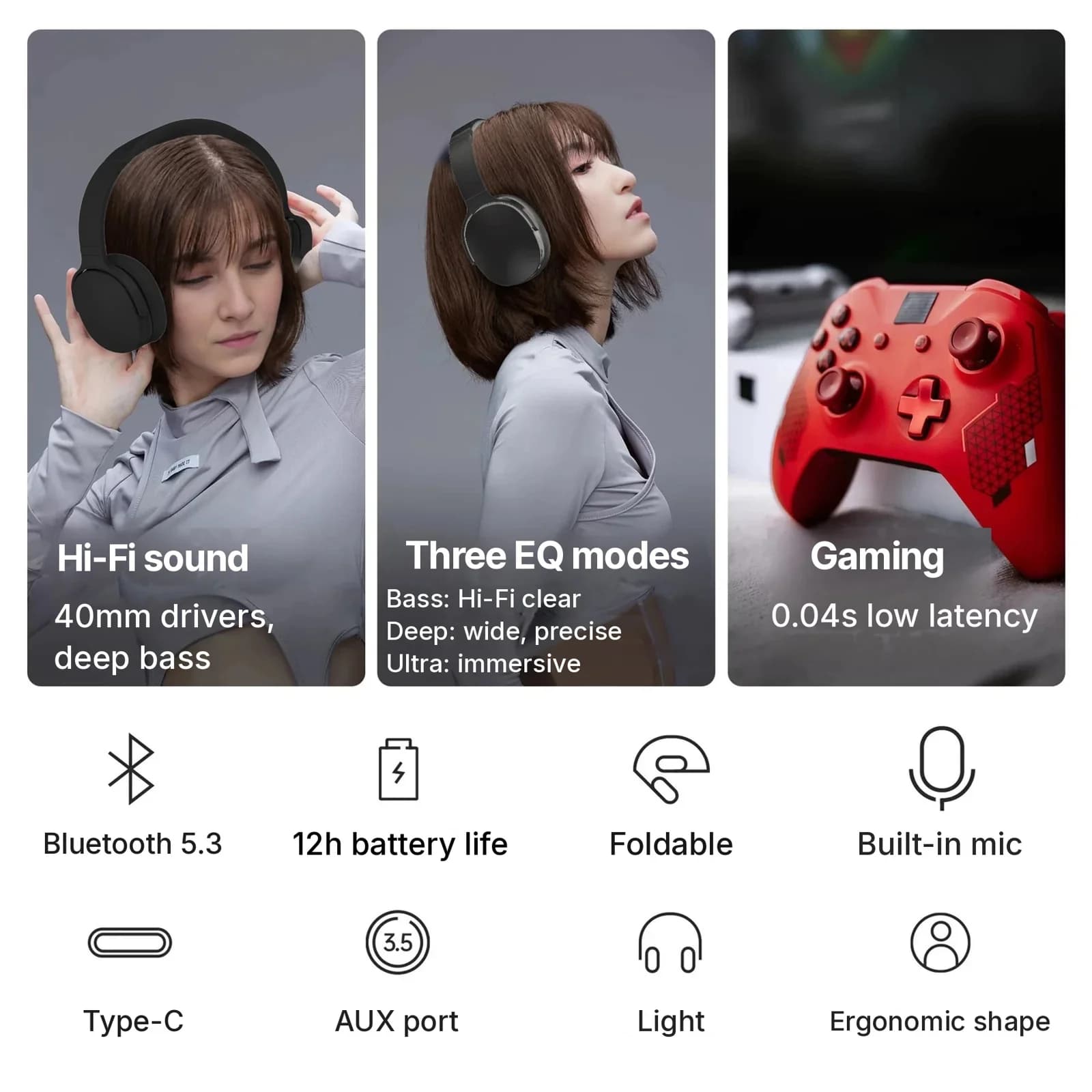Bezdrátová sluchátka přes uši Bluetooth se třemi režimy EQ a mikrofonem