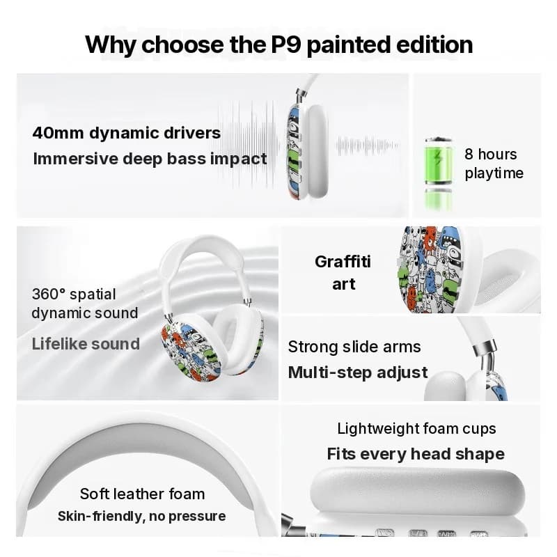 Sluchátka přes uši s graffiti designem, Bluetooth, FM rádiem a slotem na TF kartu