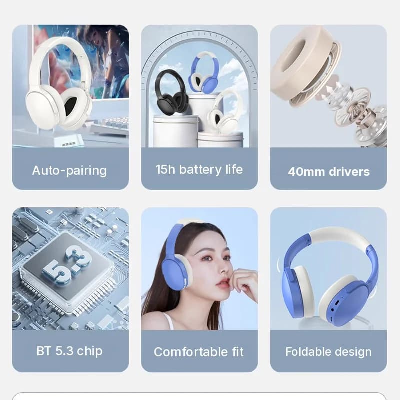Bezdrátová sluchátka přes uši s Bluetooth a dlouhou výdrží baterie