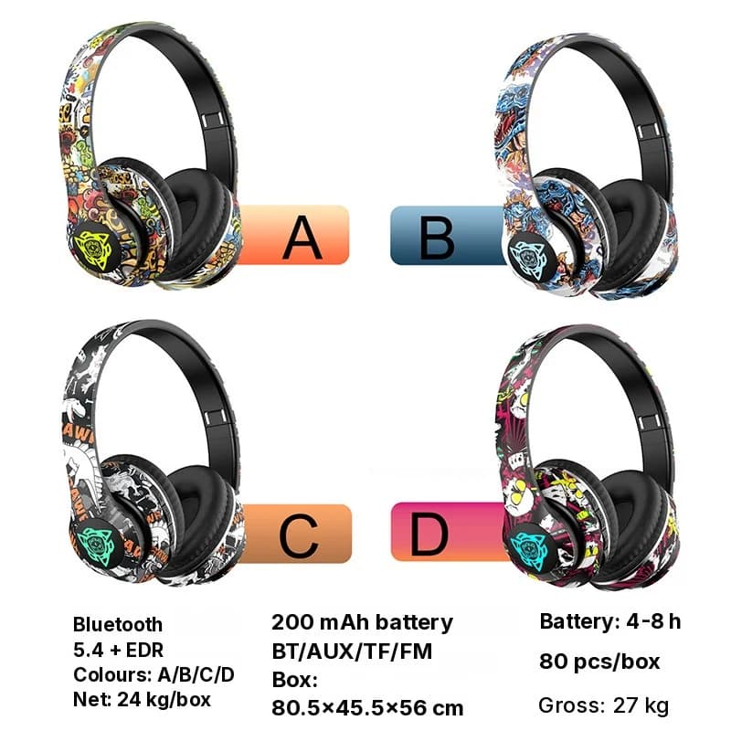 Bezdrátová Bluetooth sluchátka přes uši s graffiti designem, skládací