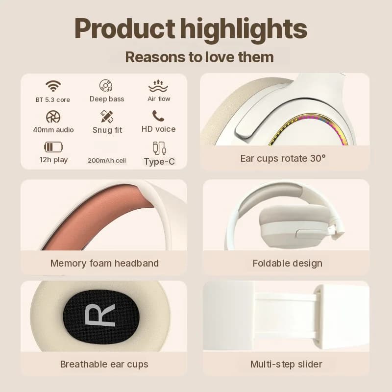 RGB herní bezdrátová Bluetooth sluchátka přes uši stereo headset
