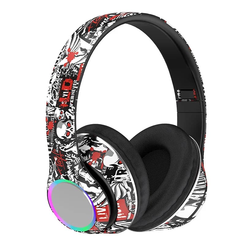 Sluchátka přes uši s graffiti designem, LED světly a hlubokými basy