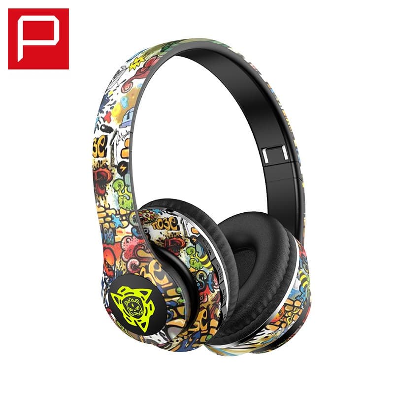 Bezdrátová Bluetooth sluchátka přes uši s graffiti designem, skládací